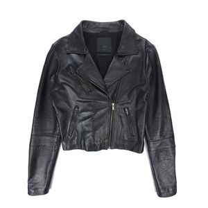 VEDA Genuine Leather Cropped Moto Jacket Biker Womens Medium Black Quiet Luxury